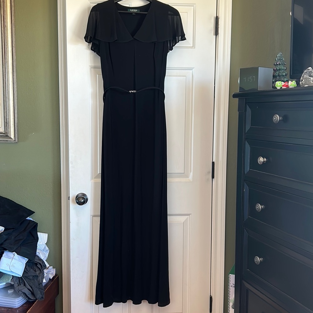 Ralph Lauren full length black dress, belted, with sheer shoulder detail